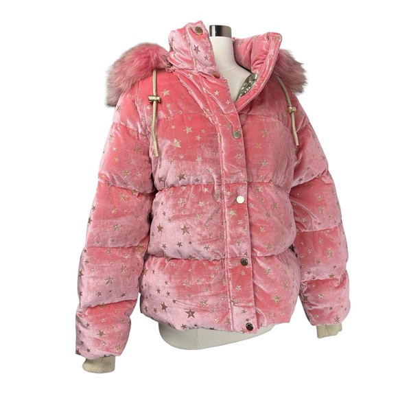 JOCELYN Eye Candy Velvet Puffer Coat | Fox Fur Gold Stars Medium Barbie Pink - Picture 3 of 15